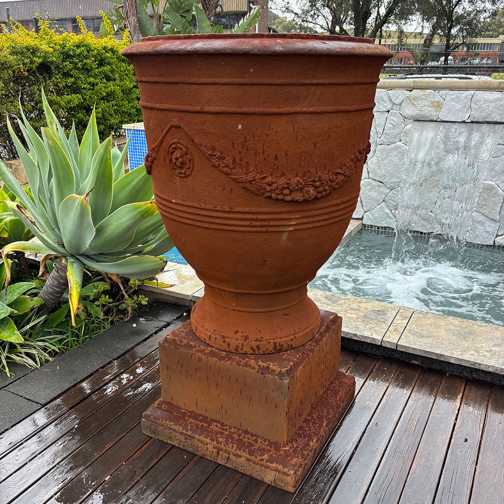 Verona Urn with Pedestal - Iron Rust - Garden Feature - Available at iPave Natural Stone