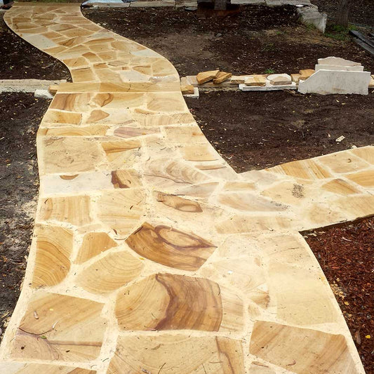 Australian Sandstone Diamond Sawn Random Flagging - 50mm Thick - 1st Quality - Laid on Pathway - Available at iPave Natural Stone