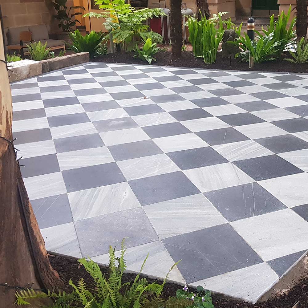 Lavido Tumbled Marble 400x400x30mm Natural Stone Pavers - 1st Quality - Laid with Blue Sky as Checker Board Pattern - Available at iPave Natural Stone