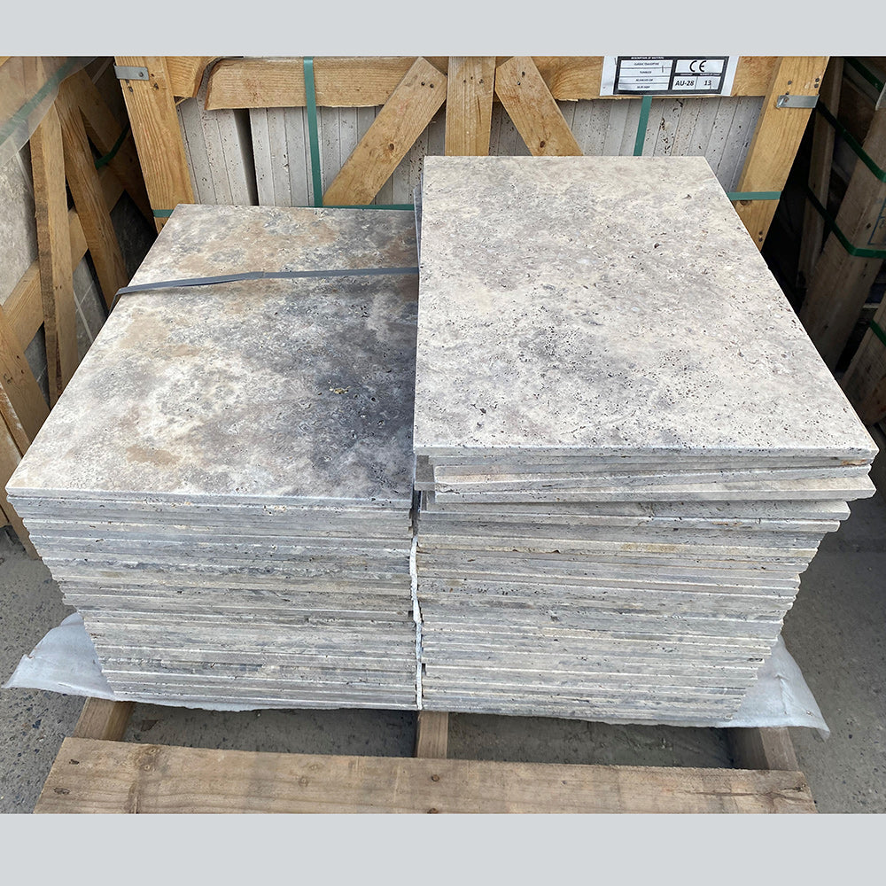 Silver Travertine 610x406x12mm Tumbled Natural Stone Tiles - 1st Quality - Pallet picture - Available at iPave Natural Stone