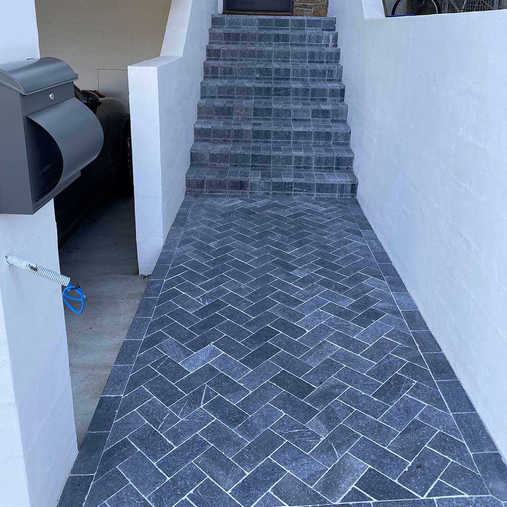 Zen Bluestone Antique Cobble 200x100x30mm Natural Stone Pavers - 1st Quality - Laid on Stairs and Entry - Available at iPave Natural Stone