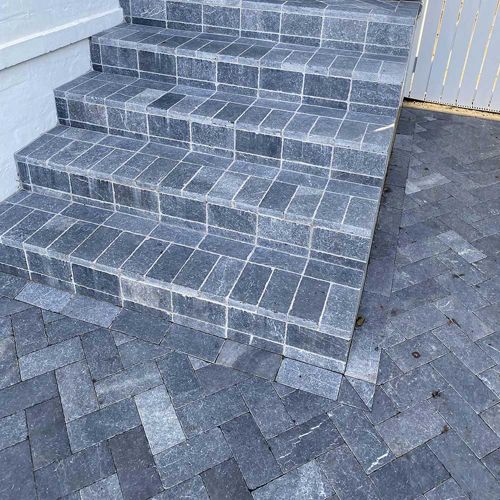 Zen Bluestone Antique Cobble 200x100x30mm Natural Stone Pavers - 1st Quality - Laid on Stairs - Available at iPave Natural Stone