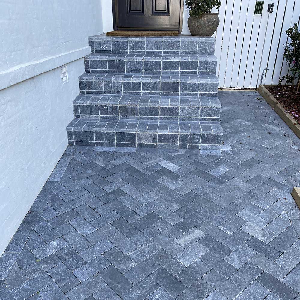 Zen Bluestone Antique Cobble 200x100x30mm Natural Stone Pavers - 1st Quality - Laid on Stairs and Entry Pathway - Available at iPave Natural Stone