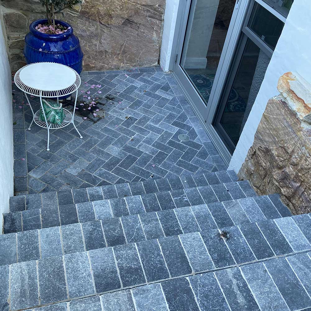 Zen Bluestone Antique Cobble 200x100x30mm Natural Stone Pavers - 1st Quality - Laid on Stairs and Entranceway - Available at iPave Natural Stone